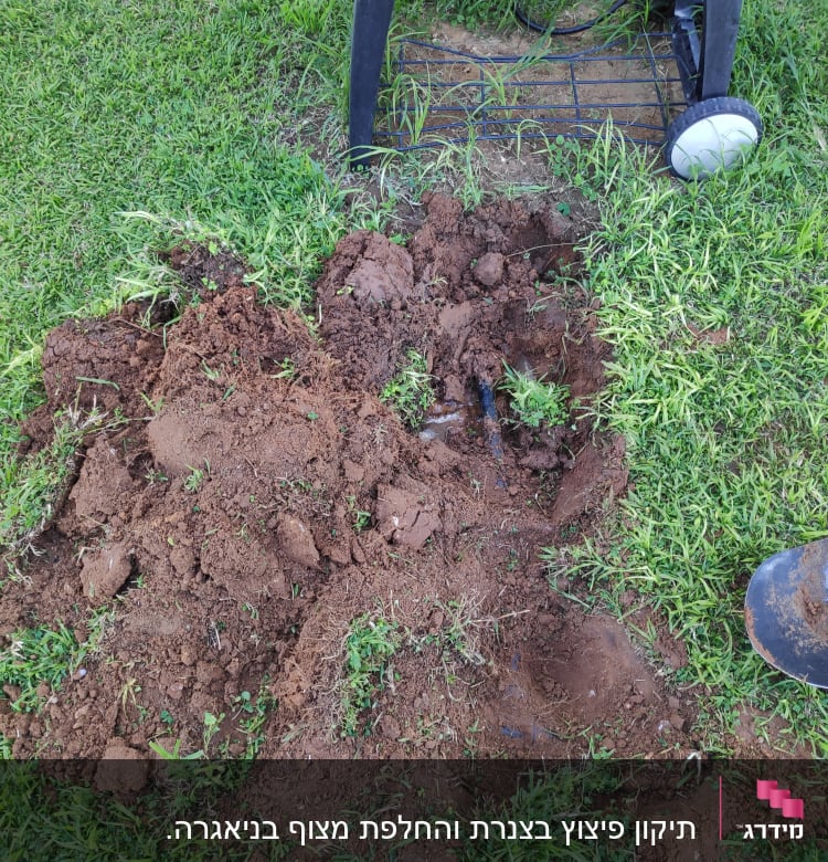 אדמה חפורה עם צינור חשוף בגינה